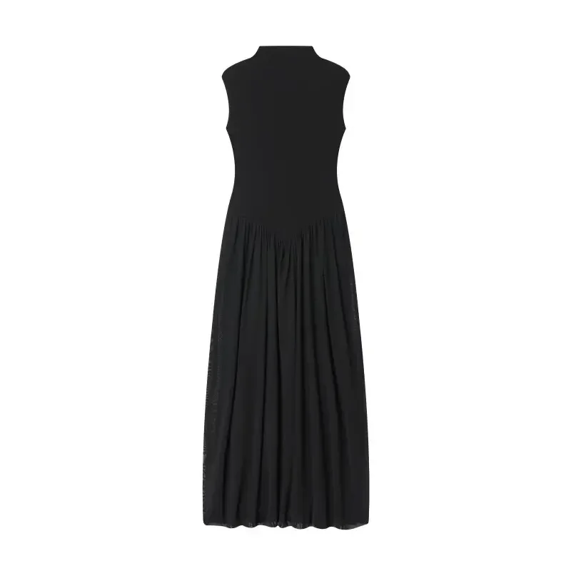 프랑스 실크 네트 스플라이싱 롱 베스트 드레스 여름 여성 민소매 슬림핏 탑 루즈핏 하의 스트리트웨어 드레스