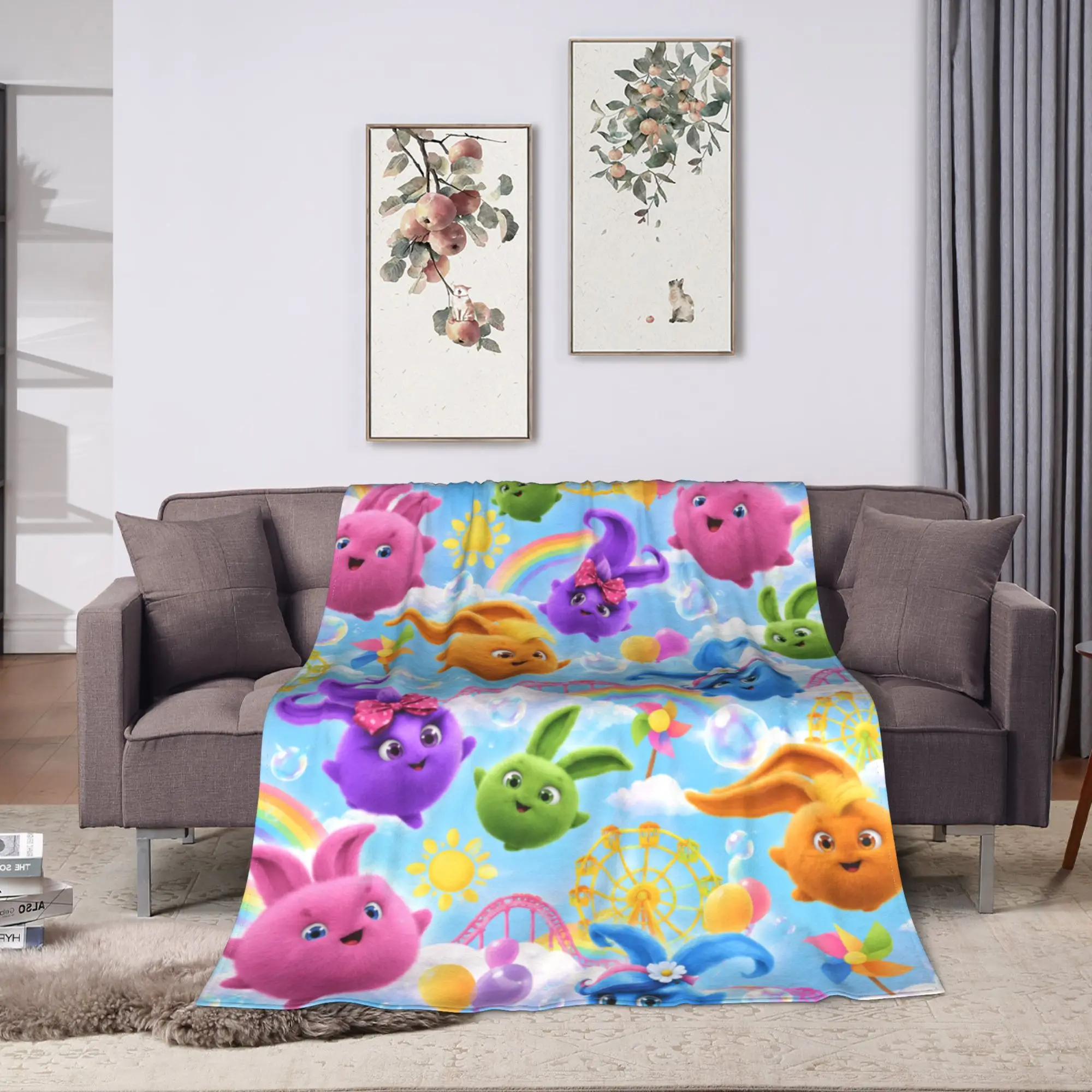 Sunny Bunnies Rainbow Balls Warm Soft Blanket  Girls Boys Plush Throw Blanket Fluffy Home Decor Flannel Bedspread Sofa Bed Cover