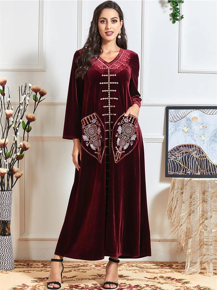 

Ramadan Eid Winter Red Abaya Damen Dubai Islam Prayer Clothes Women Muslim Dresses Kebaya Robe Musulmane Caftan Marocain Femme