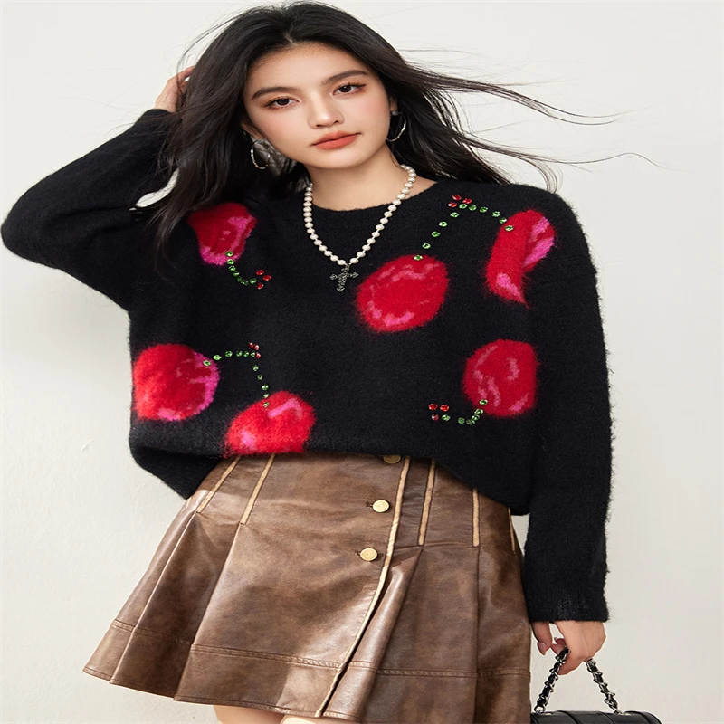 Vintage Cherry Jacquard Cashmere Sweater Autumn Winter New Women's O-Neck Long Sleeve Knitwear Luxury Beading Wool Pullover K944