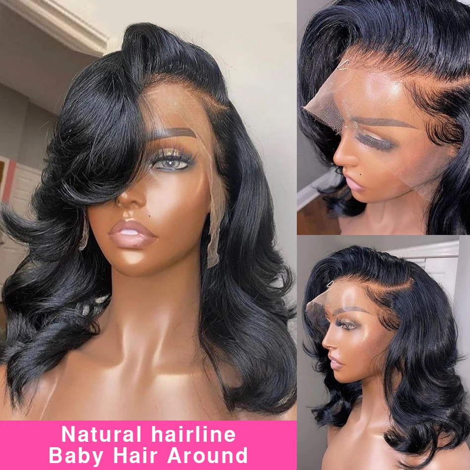 13x6 Body Wave 200 Dichtheid Korte Bob Frontale Pruiken Braziliaans Maagdelijk Haar HD Transparant Kant pruik Pre geplukt 100% Menselijk Haar Pruik