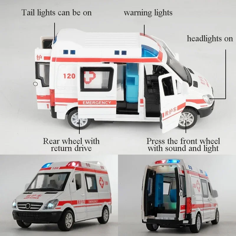 1:32 Sound and Light Pull Back Ambulance Model, High-simulation Double-door Finale Alloy Car Toy Children\'s Birthday Gift