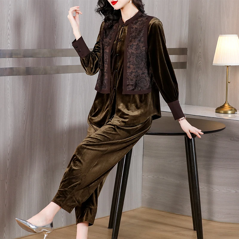 black velvet fashion chinese cheongsam suit women new loose velvet top wide leg pants two-piece daily elegant qipao set s93