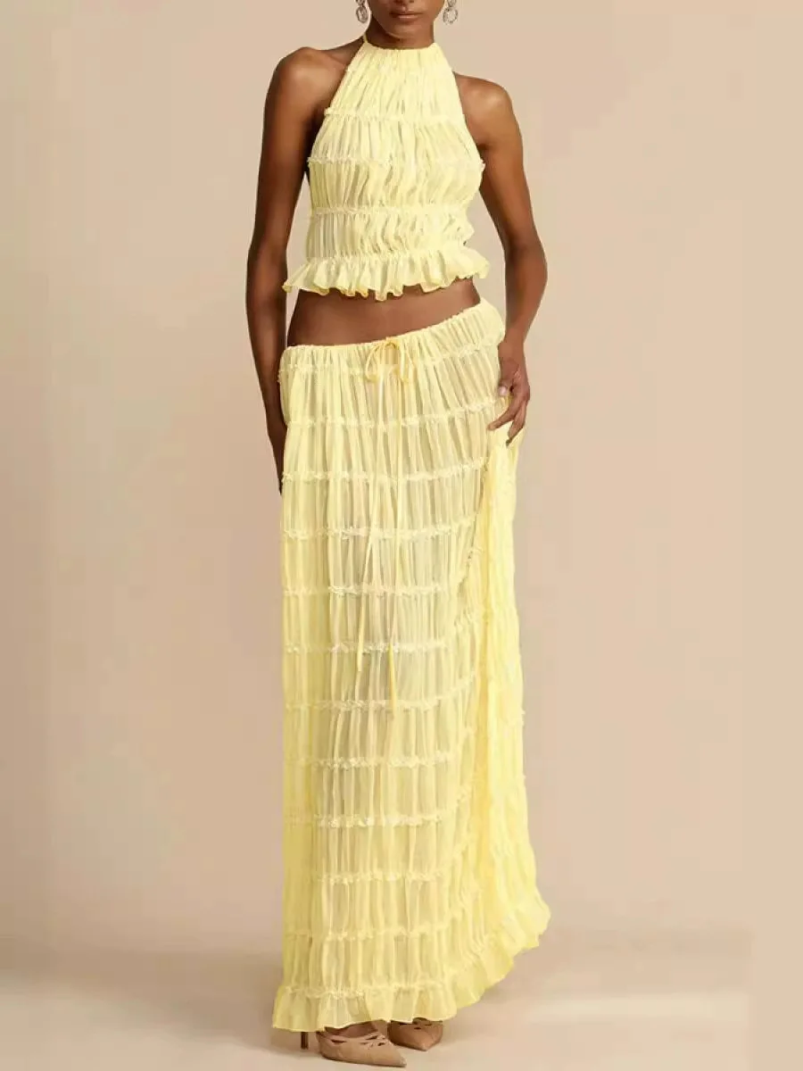 Conjunto de dos piezas de moda para mujer, Top sin mangas con cuello Halter y espalda descubierta, conjunto de falda larga lisa, Falda larga plisada para mujer, traje de vacaciones