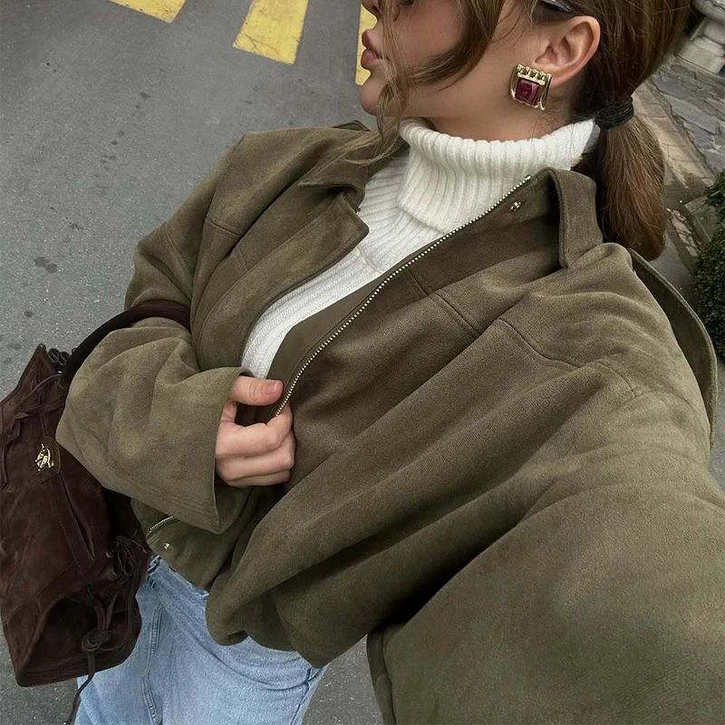 

Куртка-бомбер из искусственной замши, весенне-осенняя повседневная куртка-пилот большого размера, модная верхняя одежда, женское пальто