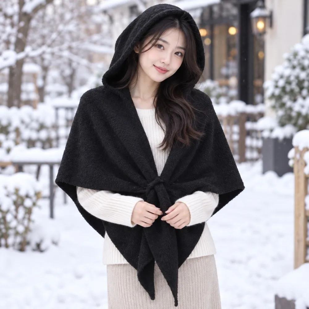 Wool Blend Hooded Triangle Scarf Thick Knit Cozy Texture Winter Knitted Cape Durable Flexible Drape Women Shawl Warmer Outdoor