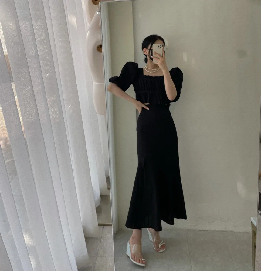 SM Elegant Chic ชุดกระโปรงผู้หญิงเกาหลี 2 ชิ้นชุด 2025 ฤดูร้อนสแควร์คอพัฟแขนเสื้อ + เอวกระโปรงหางปลา (hf1302