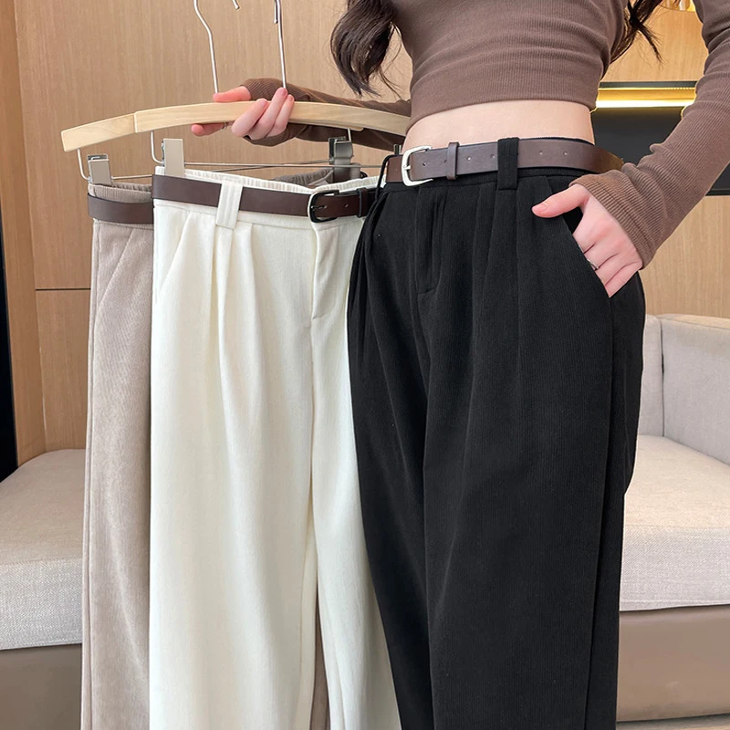 Vintage High Waist Corduroy Pants Women Autumn Winter Straight Causal Full Length Trousers Korean Fashion All Match Black Pants