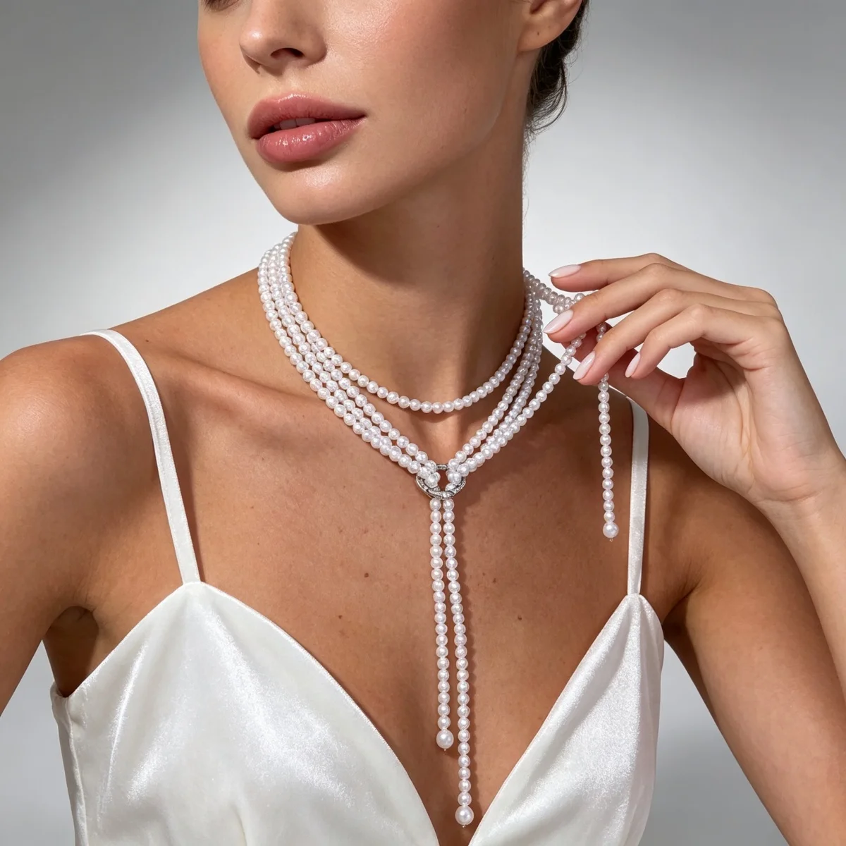 Elegante französische weiße lange Halskette mit kleinen künstlichen Perlen für Damen, Strass-Kreis, verschiedene Tragevarianten, Pulloverkette, Schmuck – Detail 14