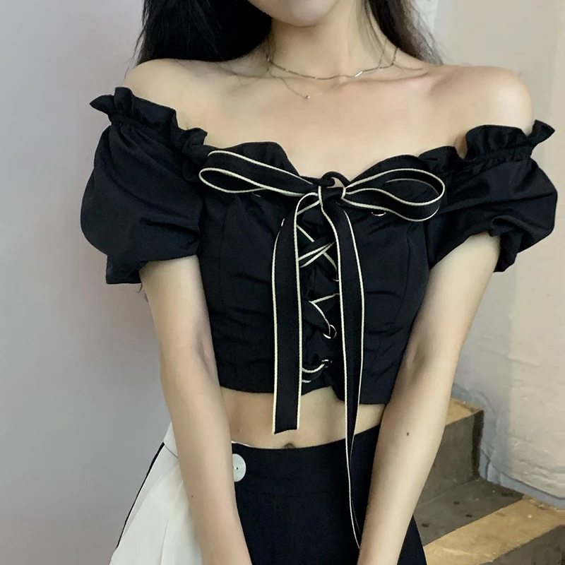 Women\'s One-Shoulder Bow Tie Short Sleeve Blouse Chiffon Slim Dew Neck Bubble Sleeve Short Sleeve Blouse Tops