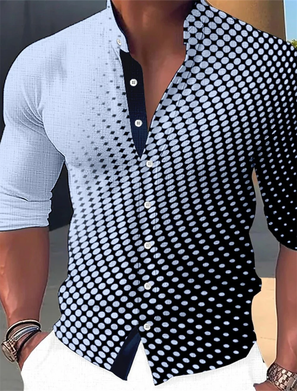 Camisa de manga larga con estampado de lunares para hombre, camisa con botones, cuello de pie geométrico, ropa de diseñador de ocio callejero, Color