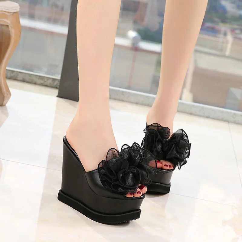 15cm Tall Women's Shoes Stage and Nightclub Catwalk High Heels Spring /summer New Styles of Sponge Slippers Flower Slippers