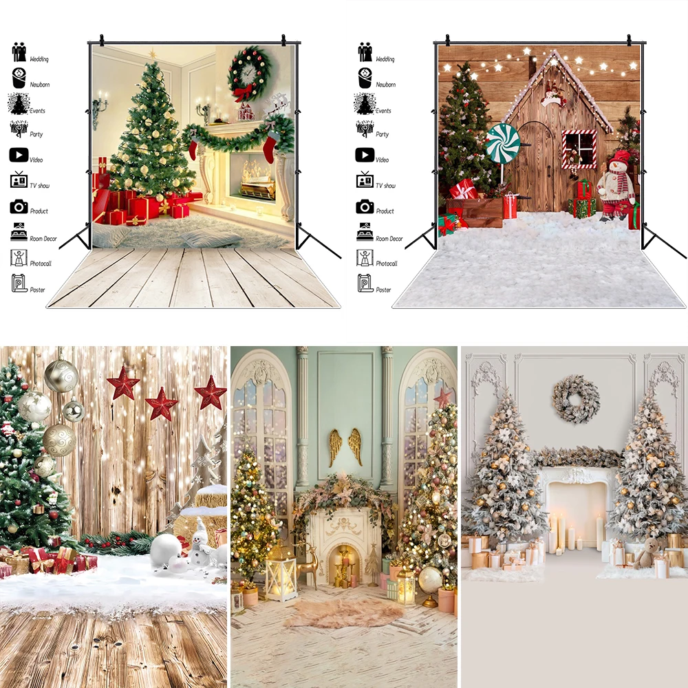 Christmas Wood Floor Backdrop Winter Snow Xmas Tree Gift Christmas Family Party Background New Year Party Decoration Backdrop