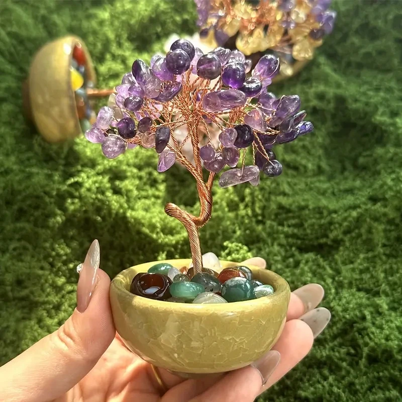 Handcrafted Copper Wire Crystal Tree with Bowl Base- Natural Stone Decor for Home
