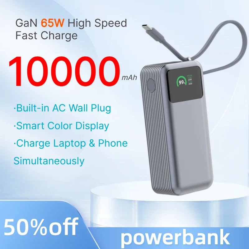 10000mAh GaN 65W Power Bank 3 in 1 AC Charger Portable External Battery Smart Color Display PowerBank for Laptop iPhone Samsung