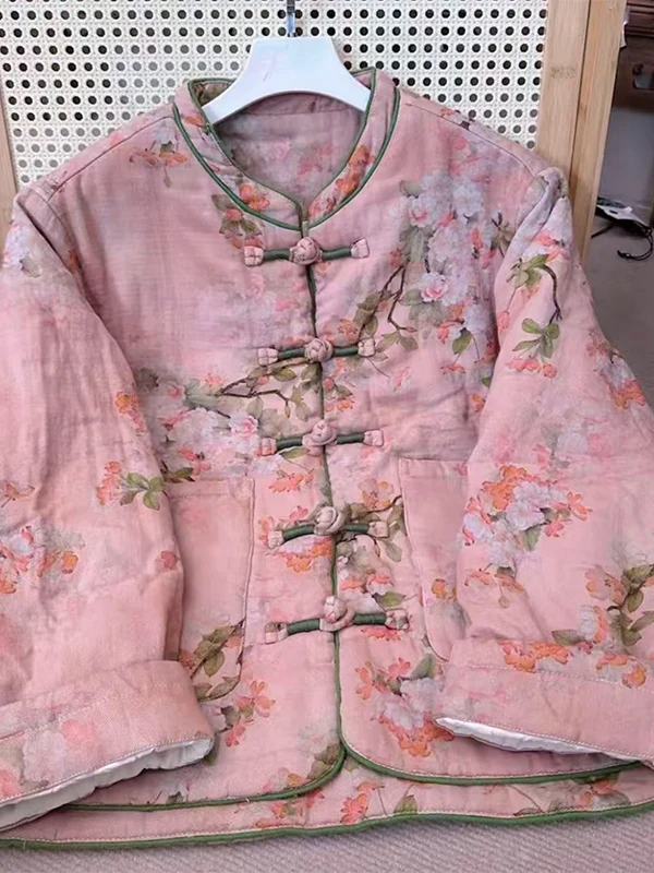 

Теплый хлопок Jaet, китайский дизайн на пуговицах, национальный тренд, зимняя верхняя одежда, женственная свободная посадка, длинная свеча, круглая, а или...