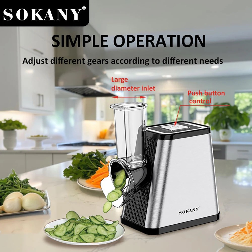 電動野菜カッター、5-in-1多機能細断、スライス、ストリップ研削、多孔質野菜カッター