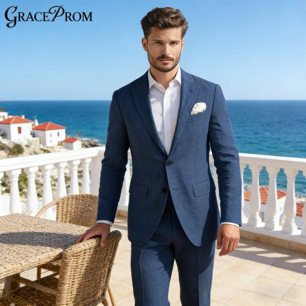 

Elegant Navy Blue Linen Suit for Men Single Breasted Peak Lapel Set Perfect for Beach Weddings Events Summer Formal Occasions