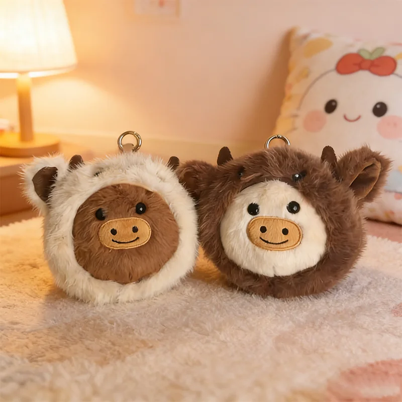 10CM Cute Simulation Fluffy Highland Cow Plush Toy Soft Cartoon Cow Stuffed Animal Reversible Expression Kid Girl Accompany Gift