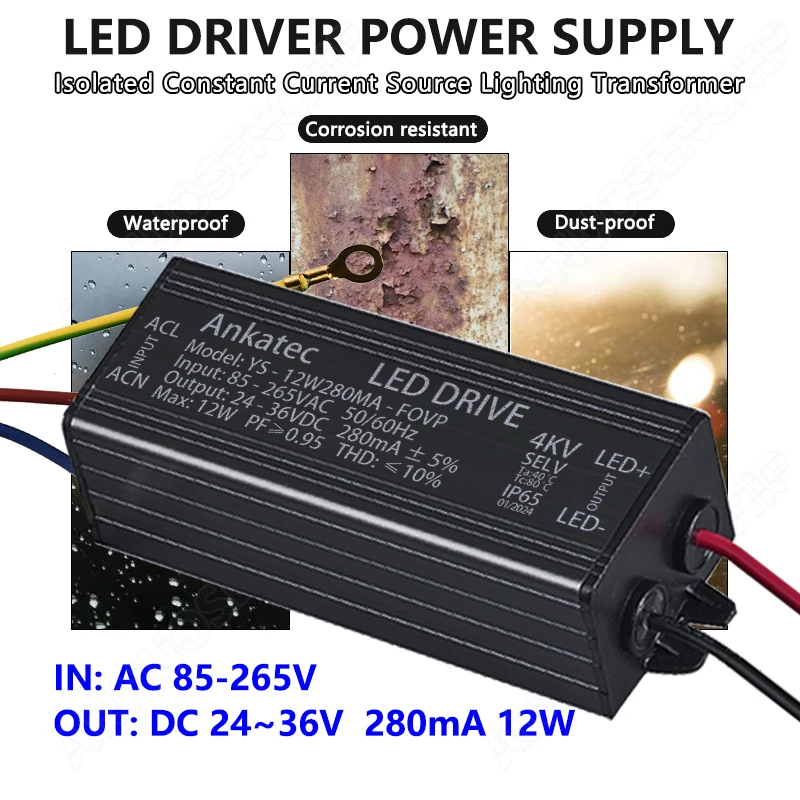 DC 24-36V 12W LED Lamp Driver Light Transformer Input AC85-265V Power Supply Adapter 280mA Current for LED Spot light Bulb Chip