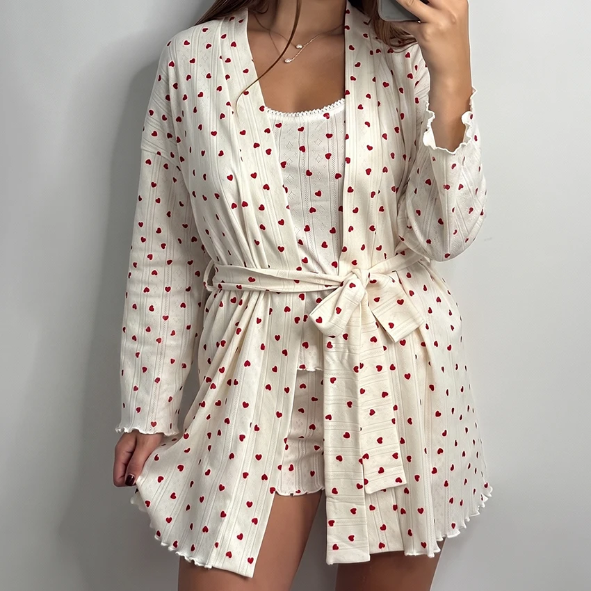 Sweet Printed Elastic Knit Women Pajamas 3-Piece Lace-Up Long-Sleeved Top Sleeveless Suspender Vest Elastic Waist Shorts