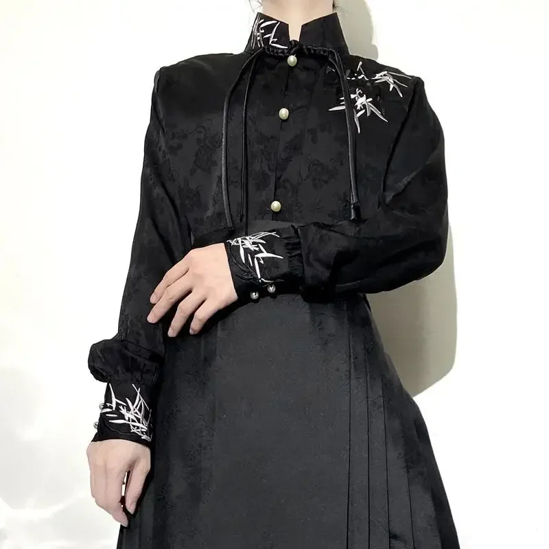 Chinese Style Modified Hanfu Exquisite Bamboo Embroidery Stand Collar Top Women Retro Stand Collar Frog Jacquard Party Blouse