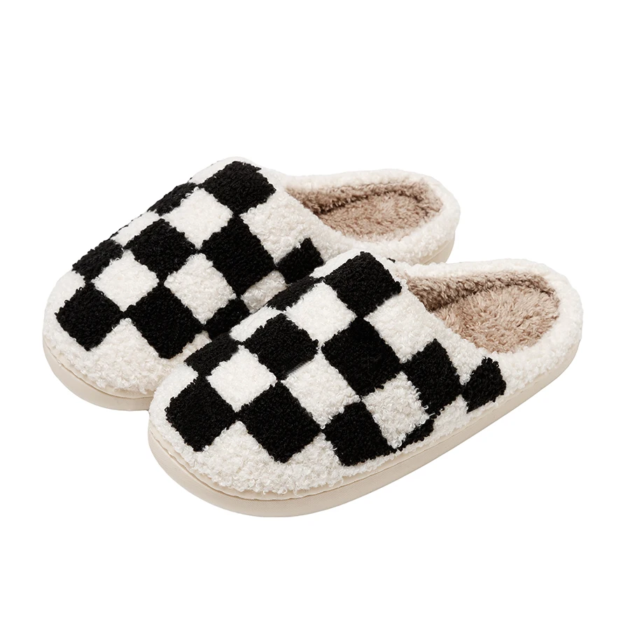 Retro Checkered Plush Slippers for Women Fuzzy Checker Cozy Winter Indoor Comfort Fluffy Breathable Cushion Slides Soft Shoes