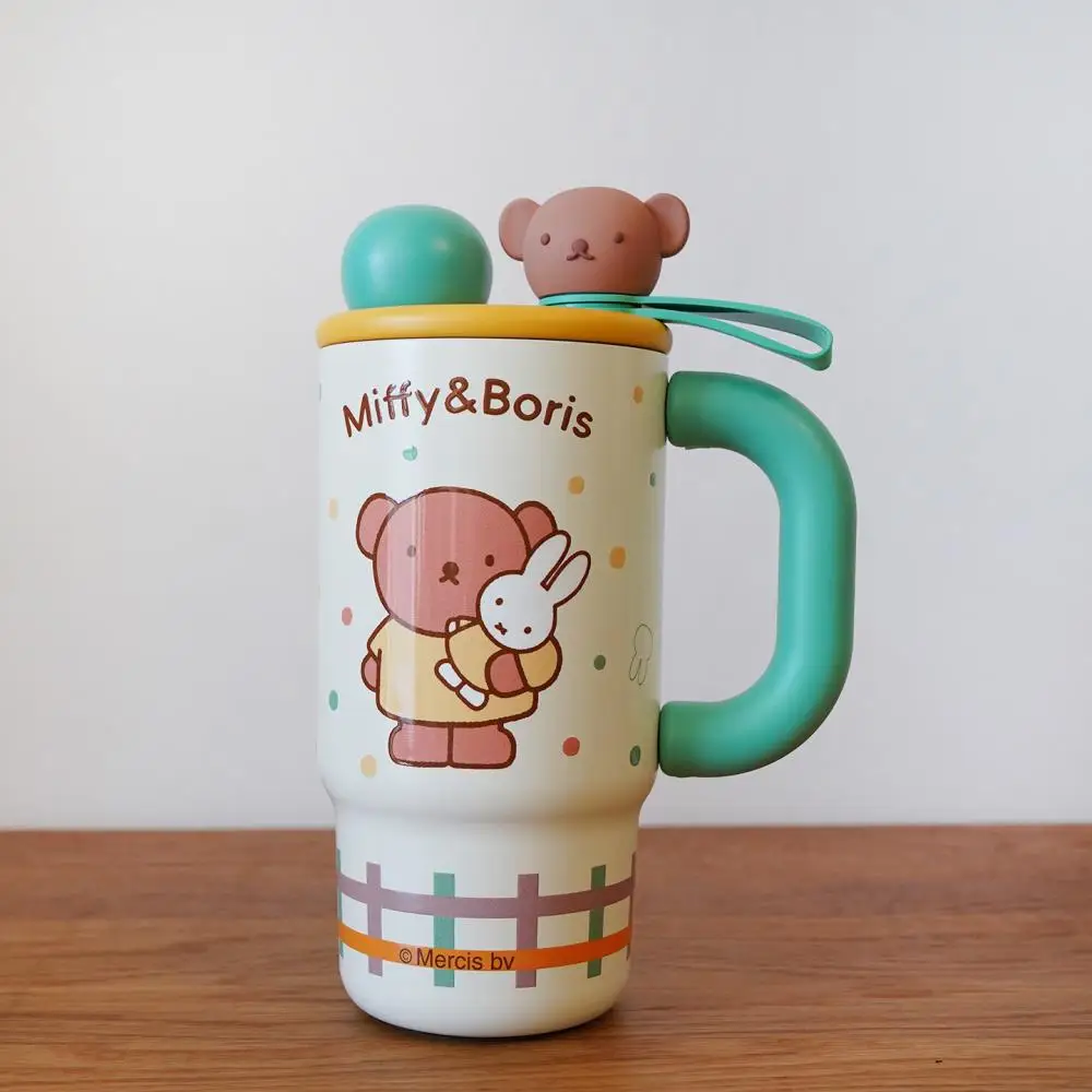 Miffy Cartoon Kinder-Thermosbecher mit Griff, isolierte Tasse aus Edelstahl im mehreren Stil, niedliches Kaninchen-Bär-Muster, thermisch