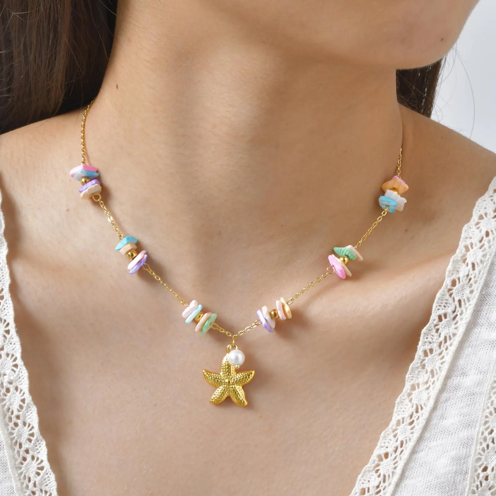 Kalung Bintang Laut Lembaran Persegi Warna-warni untuk Wanita, Kalung Musim Panas Warna Emas Baja Tahan Karat, Hadiah Perhiasan Gaya Laut