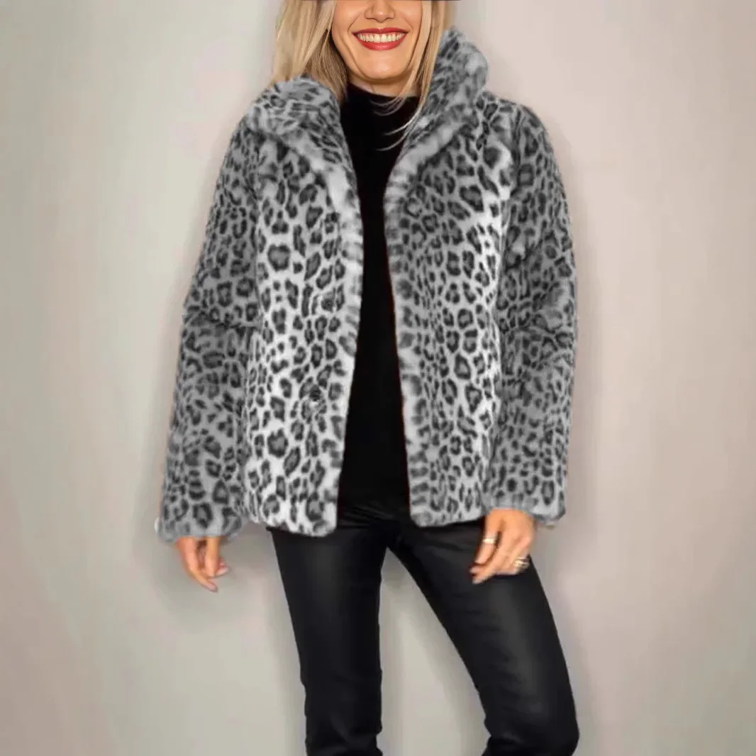 2024 Winter New Women's Fashion Leopard Print Lapel Faux Fur Tweed Top Coats and Jackets Women