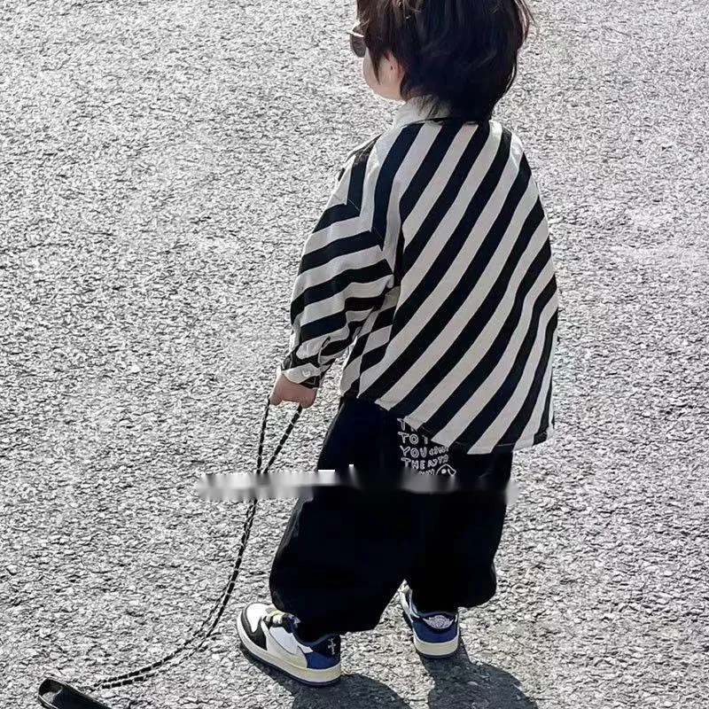 Boys Spring And Autumn Two-piece Set 2024 New Handsome Black And White Stripe Shirt Pants Children\'s Clothes Fashion Suits