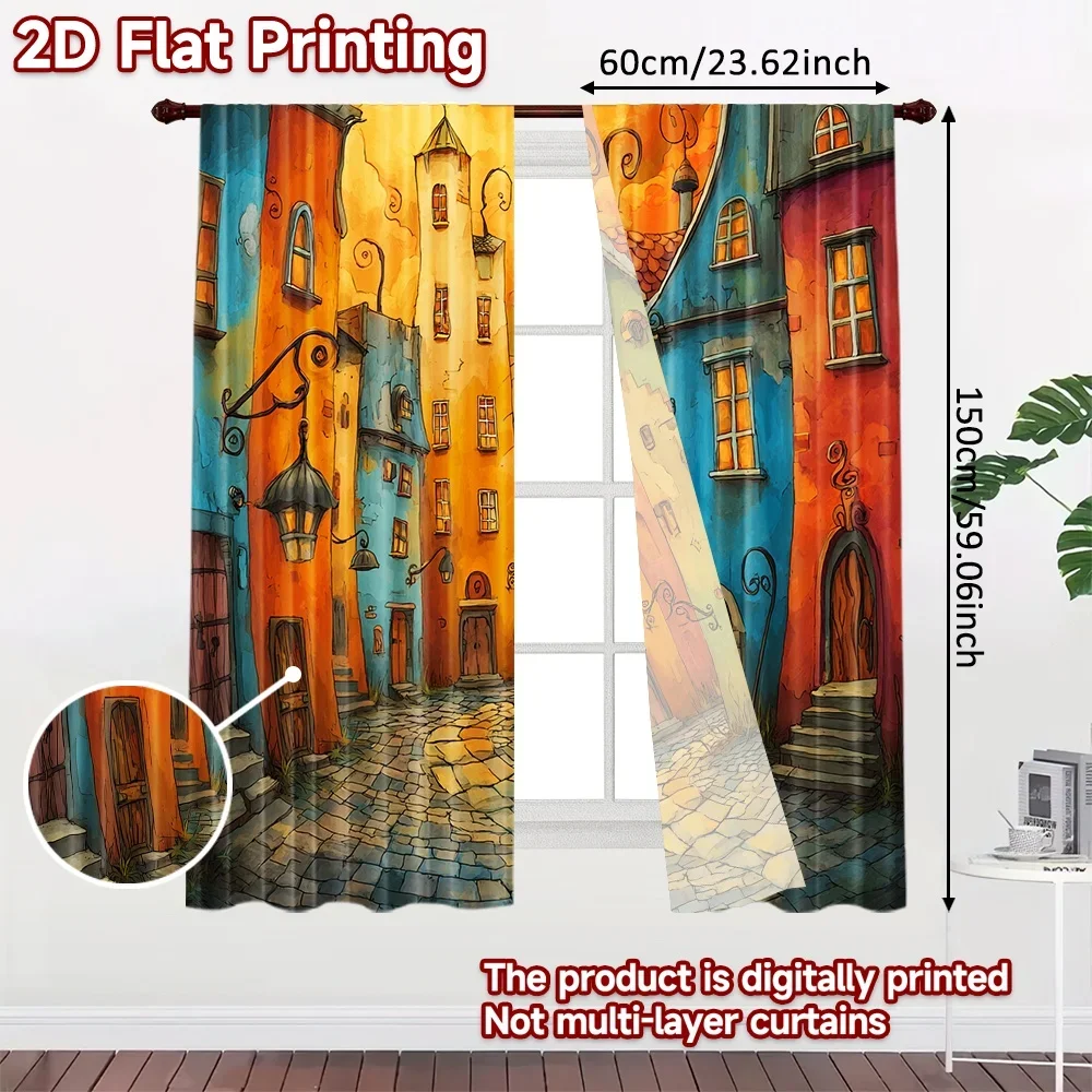 2D flat printing 2pcs Party Window Curtains Fairy Tale Village Digital Printed Polyester Drapes Party Decorations Perfect for