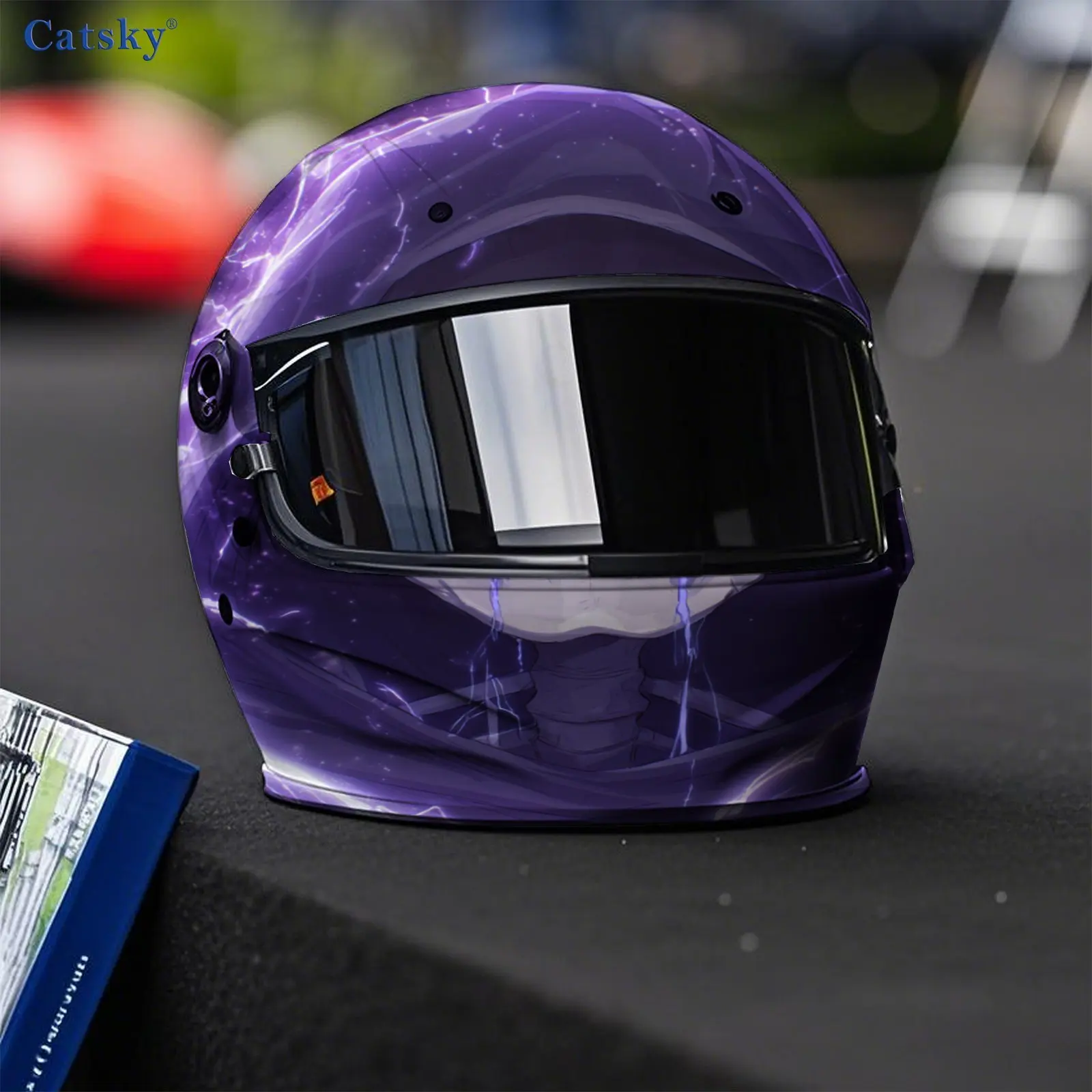 Purple Lightning Skull Full Face Helmet Vinyl Wrap Sticker, Waterproof Scratch-Resistant Self-Adhesive PVC Decals, Artistic Aest view 6