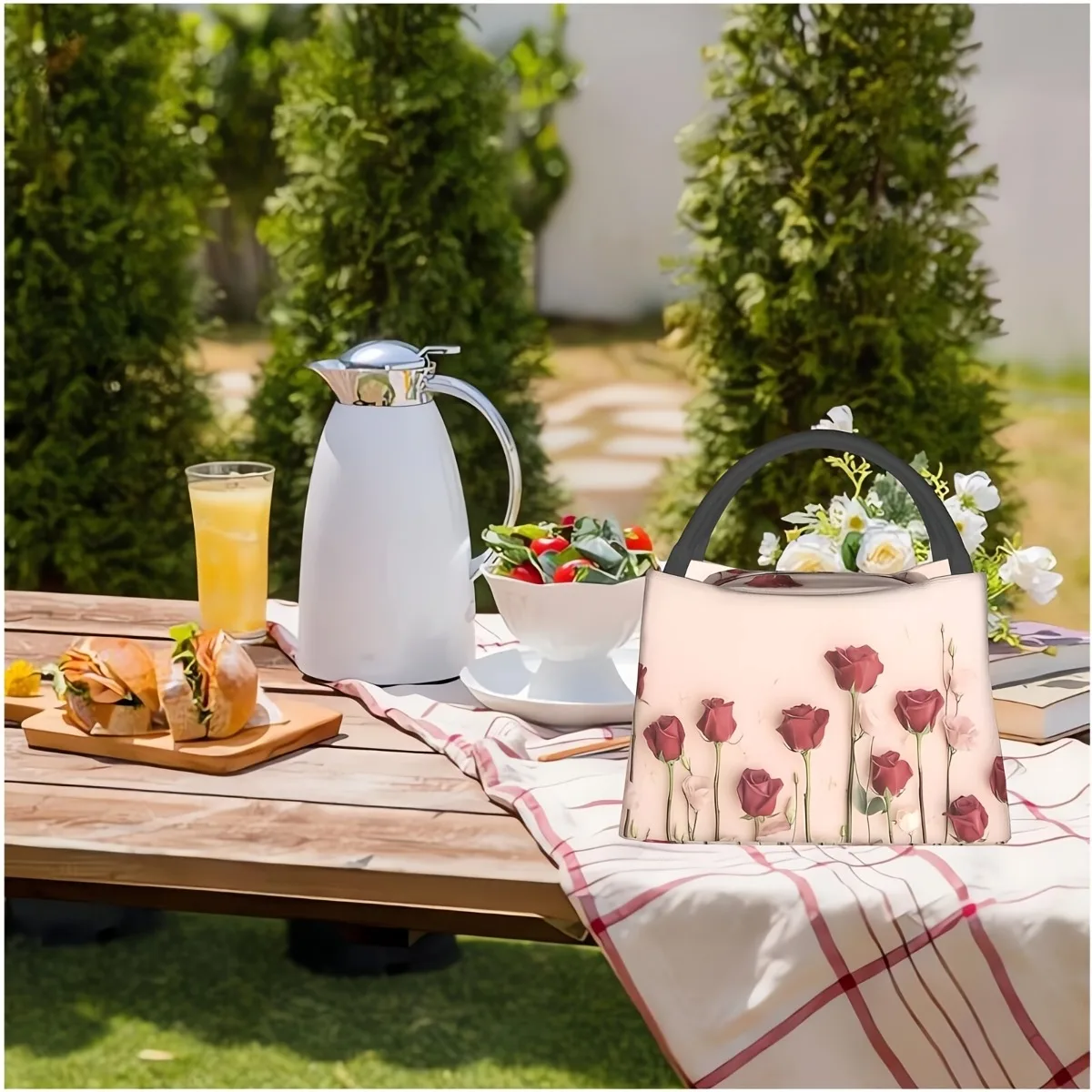 Floral Insulated Lunch Bag - Reusable, Leak-Proof Cooler Tote With Pink Roses & Green Foliage Design For Work, Picnic, Beach