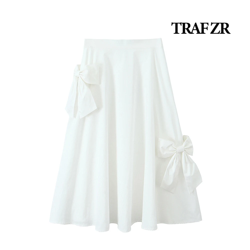 

TRAF ZR Elegant Flared Hem Midi Skirts Woman 2024 Flowy Pleated A-line Skirt Comfy Aesthetic Bow Long Skirts for Women