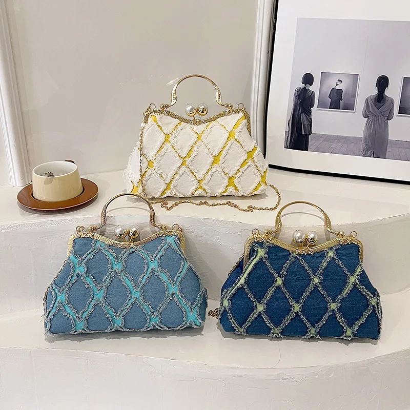 ﻿    Modieuze contrasterende denim handtas, nieuwe diamanten rasterschelptas, trendy en veelzijdige crossbodytas met enkele schouder