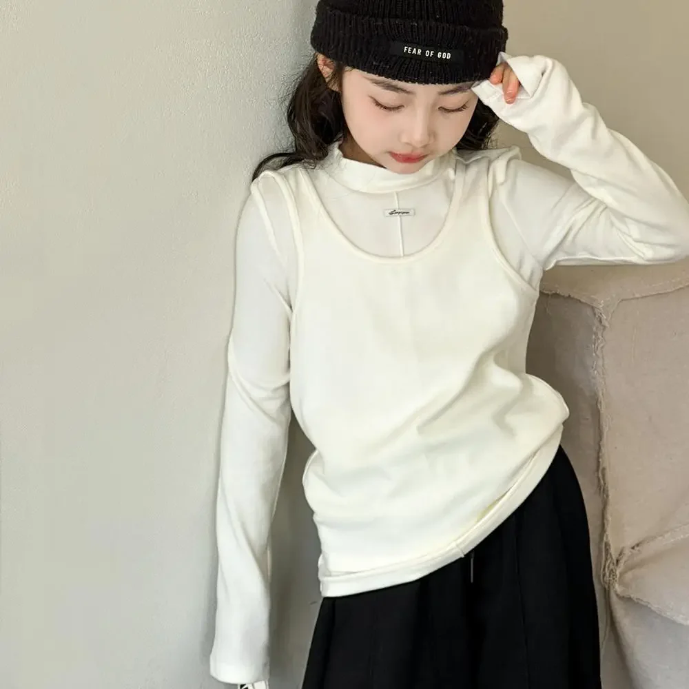 

Girls Coat 2024 Winter New Childrens Clothing Girl Baby Foreign Style Semi-high Collar De Velvet Fake Two Shirts Casual