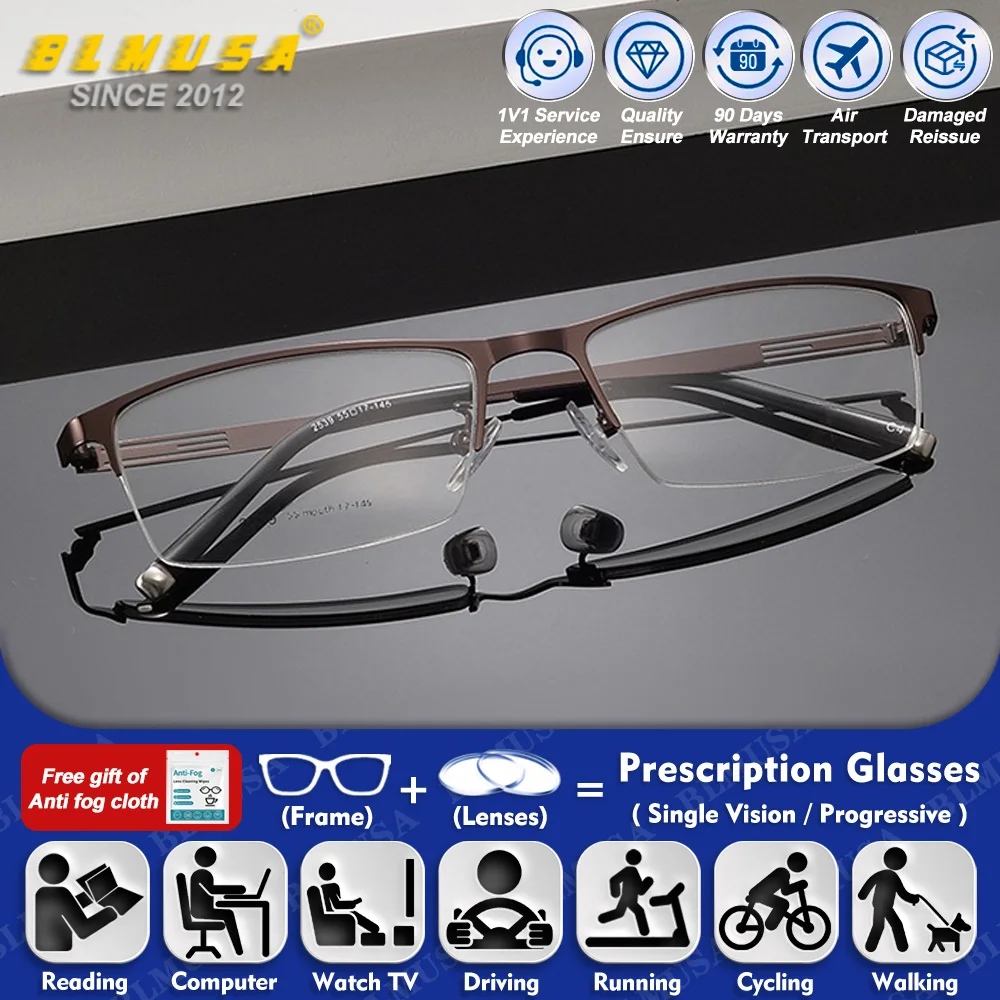 

BLMUSA (L) Versatile Style Men Half-Frame Myopia Reading Eyeglasses Titanium Square Anti Blue Light Prescription Optical Glasses