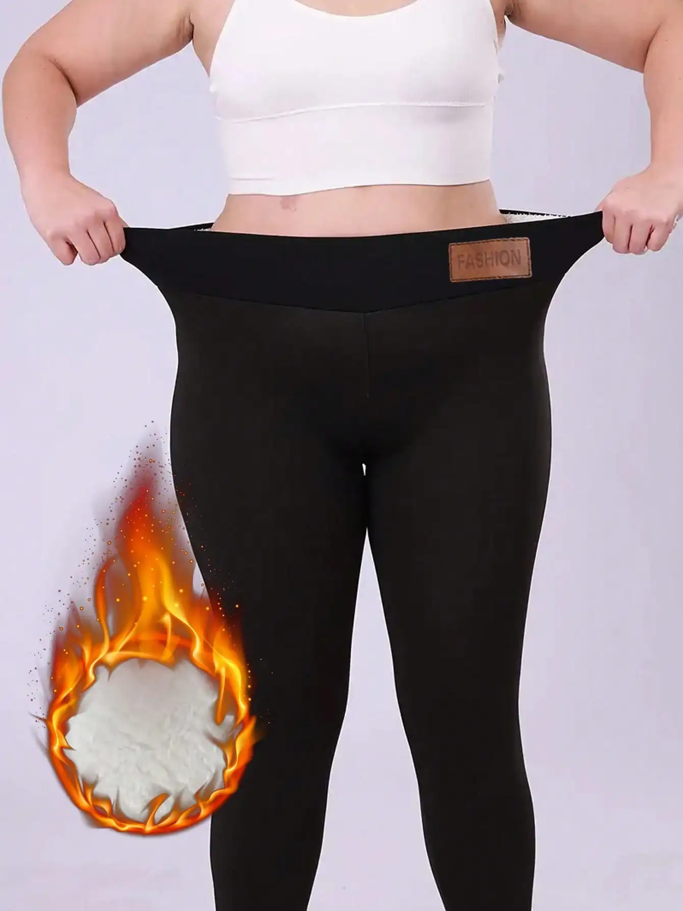 Plus Size Women's High Waist Thermal Lined Leggings, Stretchy Warm Fleece Lining