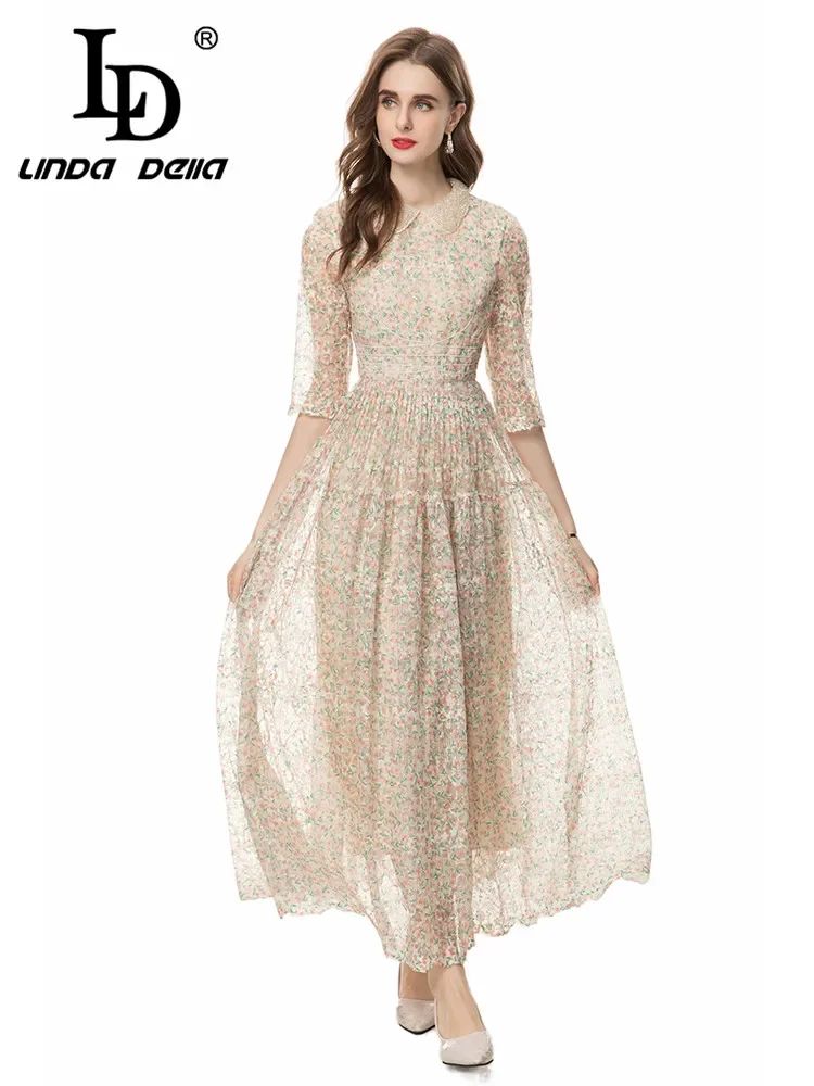 

LD LINDA DELLA 2024 New Style Runway Designer Medium Length Dress Women's Small Floral Print Net Yarn Beading Doll Collar Dress