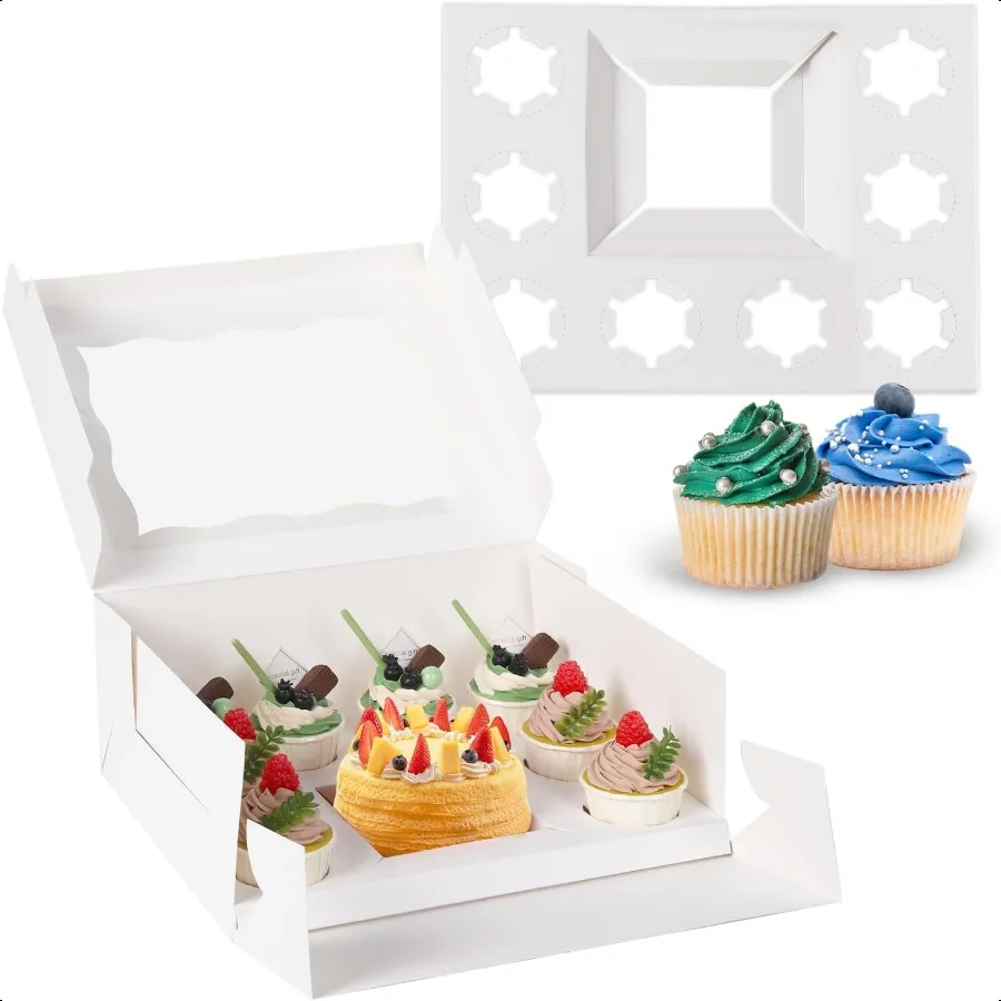 

JCD 9 Holes Fit 8 Cupcakes and 1 Mini Cake Box Combo8 sets of Cake Boxes Pastry Sweets Bento Box Cupcake Combo Box with Sticker