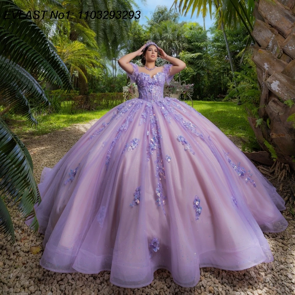 EVLAST Customized Sparkly Lilac Quinceanera Dress Ball Gown Floral Lace Applique Beading Sweet 16 Vestidos De 15 Anos E1QN678