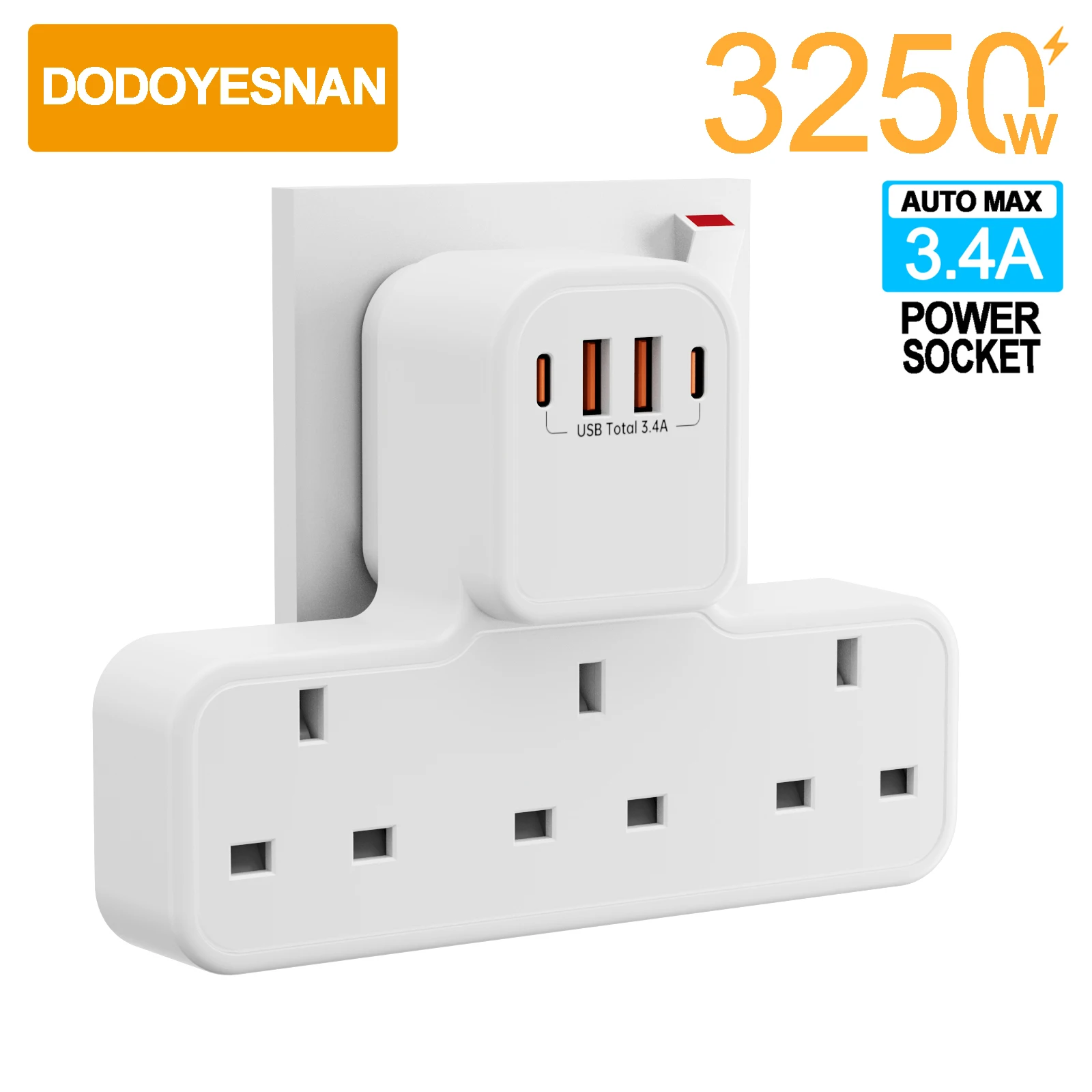 3250W UK AC Plug Multi-Function 3AC Power Strip Socket Expander Network Filter With 2USB-A 2USB-C Ports Charging Adapter