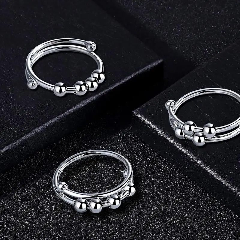 Rotate Freely Anti Stress Anxiety Ring Women Men Adjustable Stainless Steel DIYs Beads Spinner Fidgets Ring Anillo Ansiedad