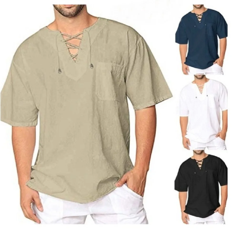 

Summer Men's Cool Linen Short Sleeve Shirt Breathable Cotton Linho Mens Tops Tee Man V-Neck Bandage Tshirts Trendy Pullover