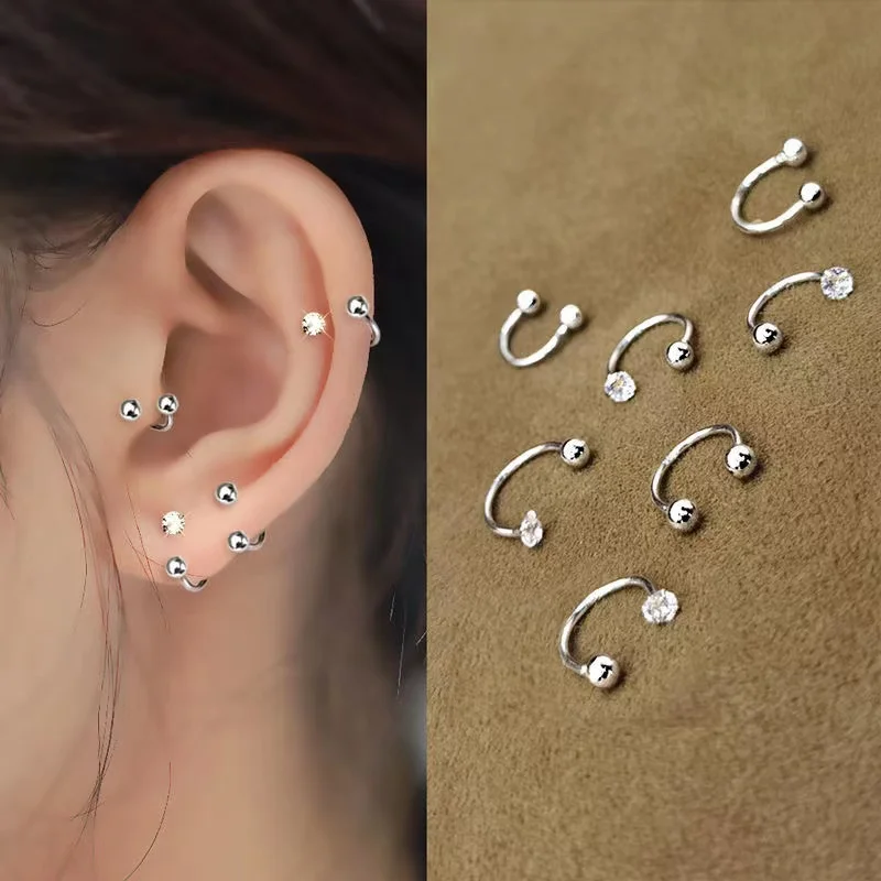 1Pair 925 Sterling Silver tragus Piercing Helix Studs Earrings for Women Girls Zircon Hoop Nose Ring Conch Body Piercing Jewelry