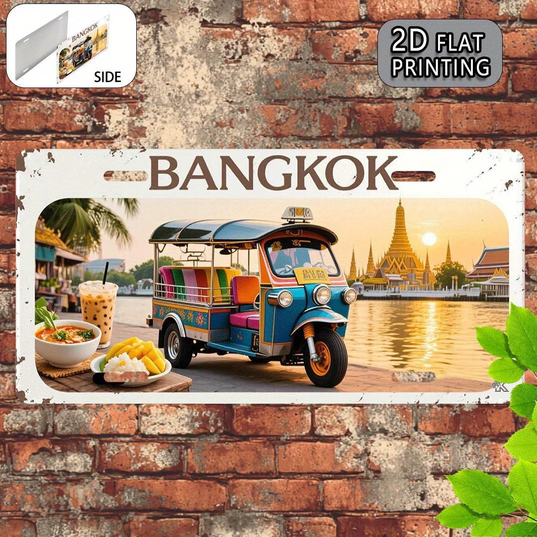 Letrero Metálico Vintage de Bangkok, Tailandia, Plano 2D, 1 Pieza - Paisaje Urbano Tailandés con Tuk-Tuk, Atardecer junto al Río - Placa de Aluminio Resistente para