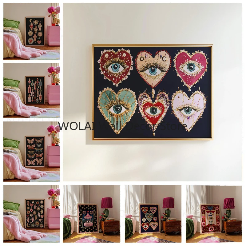 Psychedelic Heart Eye Leopard Eye Canvas Print Bohemian Moon Star Flower Wall Art Poster for Modern Gothic Gem Tone Home Decor