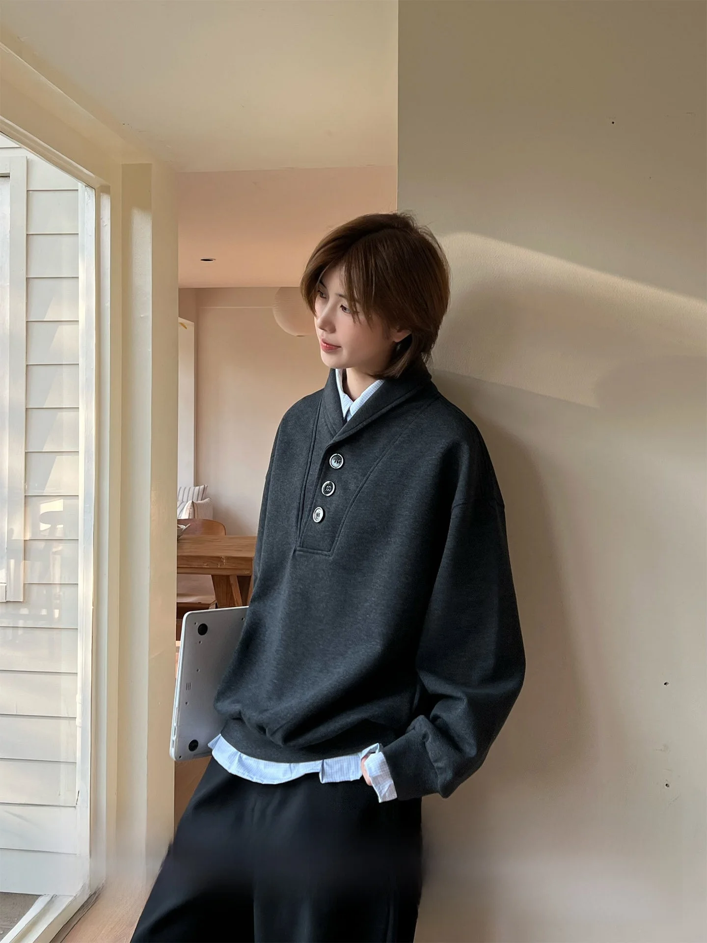 

Свитшот с воздушной прослойкой и длинными рукавами, с полуоткрытым воротником, в стиле унисекс, весенняя модная повседневная толстовка свободного кроя для подростков