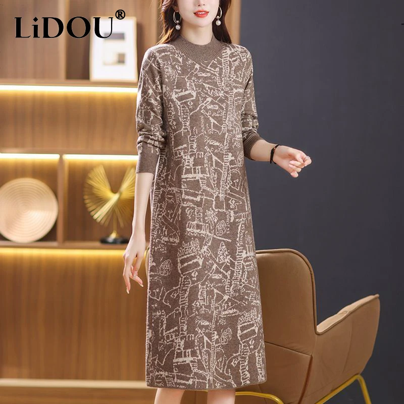 

Autumn Winter Literary Vintage Printing Loose Casual Robe Femme Long Sleeve Fashion Bottoming Dress Women Oversized Midi Vestido